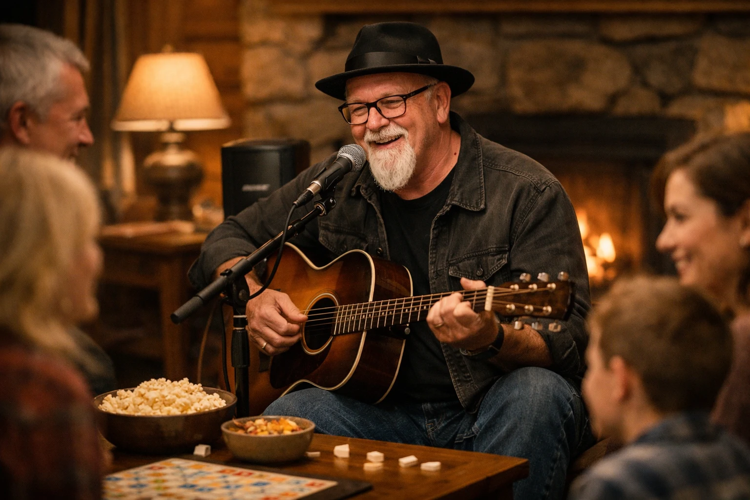 Family night at the cabin entertainment performed by professional vocalist and guitarist Phillip Rogers