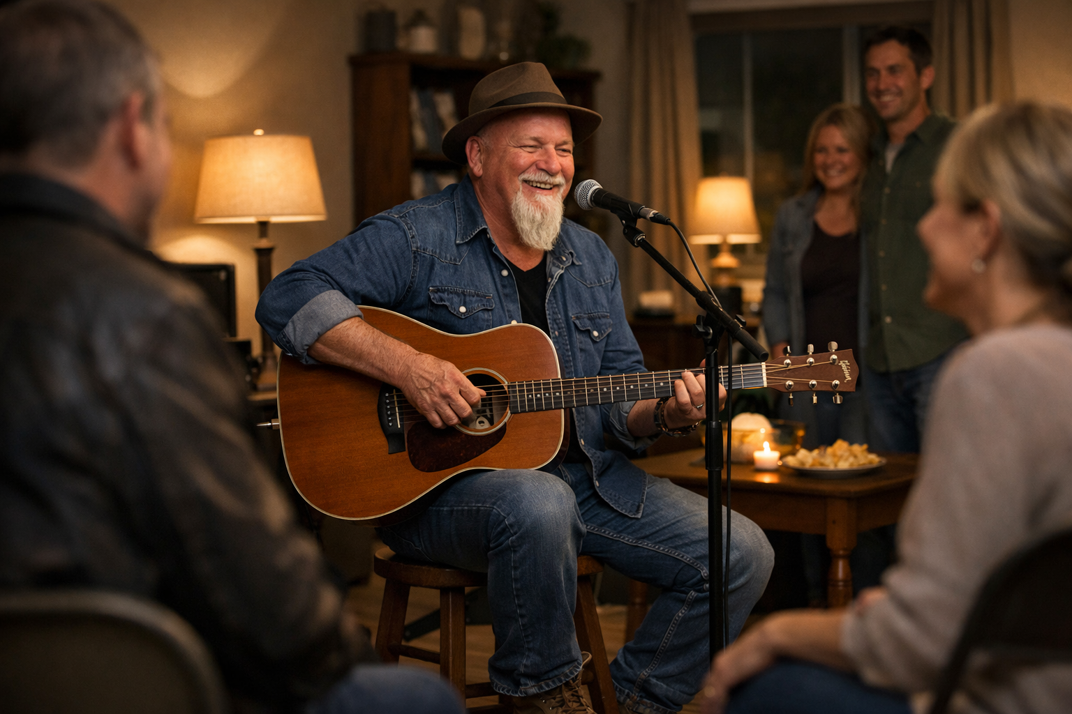 Phillip Rogers performing acoustic music for guests at a house concert